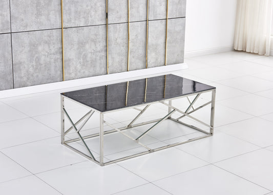 Table Basse Gigogne – Pieds Chrome & Plateau Marbre Noir 120x60x45 cm