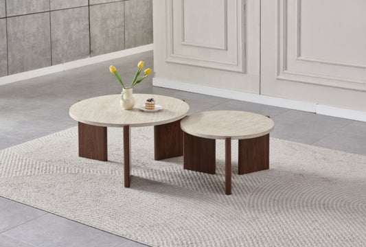 Table Basse Duo Zora – Plateau Effet Travertin & Pied Noyer
