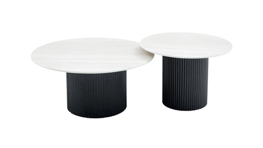 Tables Basses Gigognes Mina – Pied Noir & Plateaux Céramique Effet Bois Blanc 60x45 cm & 80x38 cm