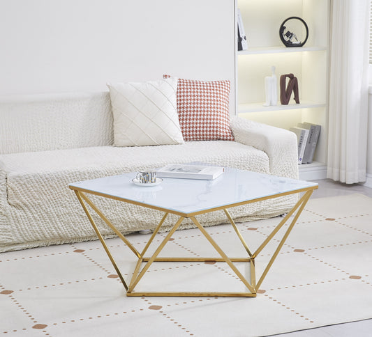 Table Basse Alina – Gold & Verre Marbre Blanc 80x80x45 cm
