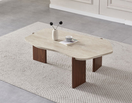 Table Basse Zora – Plateau Effet Travertin & Pied Noyer