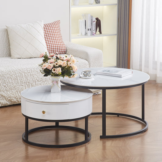 Table Basse Gigogne Novela – Pieds Métal Noir & Plateaux Céramique Effet Marbre Blanc 80+60 cm