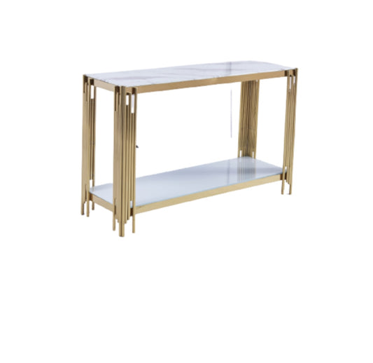 Console Flute en Métal Doré avec Plateau Marbre Blanc – 120x40x78 cm