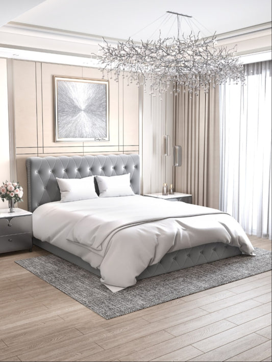 Lit Coffre Crosica en Velours Gris 140x190 cm