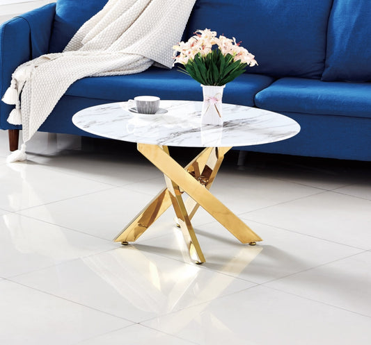 Table Basse Ronde Jessy – Métal Gold & Plateau Marbre Blanc 80x45 cm