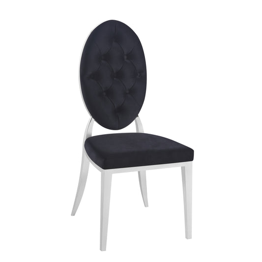 Chaise Médaillon Capitonnée en Velours Noir avec Pieds Chromés – Luxe et Élégance