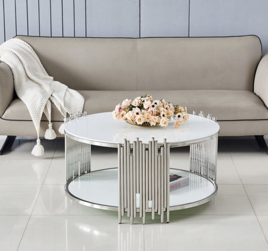 Table Basse Stick – Pieds Inox & Plateau Blanc 90x45 cm