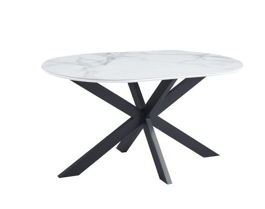 Table de repas Manon 150x90 cm – Pieds métal noir et plateau céramique effet marbre blanc