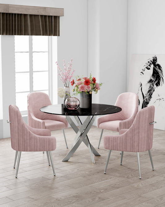 Table repas Jessica – Pieds chrome et plateau effet marbre noir 120x75 cm
