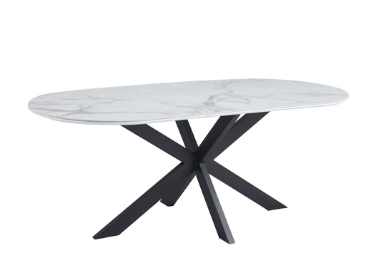 Table de repas Manon – Pieds métal noir et plateau céramique effet marbre blanc 200x100 cm