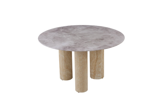 Table de repas Anaïs – Pieds métal effet travertin et plateau céramique effet marbre gris Ø120 cm