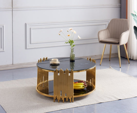 Table Basse Stick – Pieds Dorés & Plateau Marbre Noir 90x45 cm