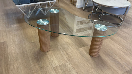 Table Basse Pylone – Pied Chêne & Plateau Transparent 120x70x45 cm