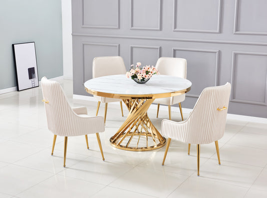 Table à manger Nautilus – Pieds gold et plateau effet marbre blanc Ø130 cm