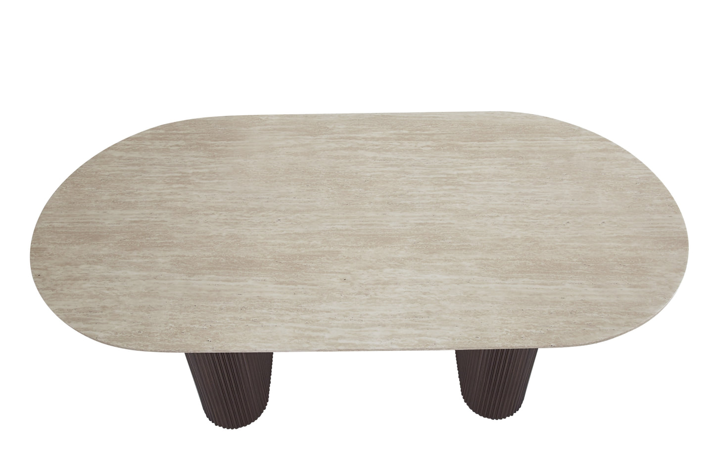 Table Basse Roxy – Pieds en Noyer & Plateau en Céramique Effet Travertin Brillant 120x60x45 cm