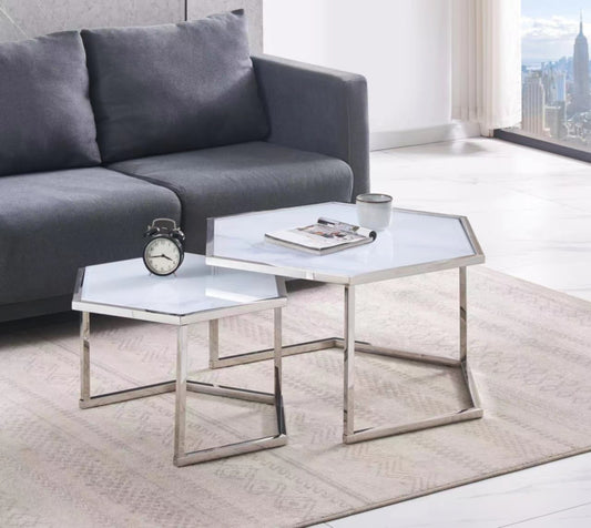 Table Basse Gigogne Hexagona – Chrome & Plateau Blanc Ultra 79x40,5 + 59x3
