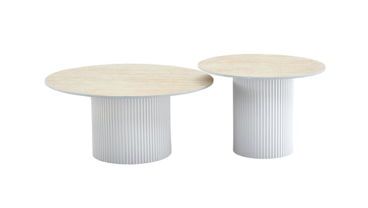 Tables Basses Gigognes Mina – Pied Blanc & Plateaux Céramique Effet Travertin Mat 60x45 cm + 80x38 cm