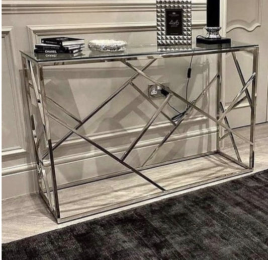 Console Geomag en Chrome avec Plateau Verre Transparent – 120x40x78 cm