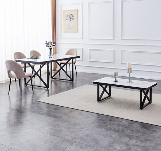 Table repas Levanto – Pieds métal noir et plateau effet marbre blanc 180x90x75 cm