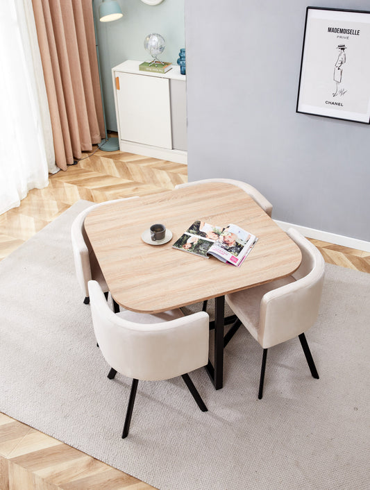Table repas Vendôme avec plateau en bois + 4 chaises en velours beige