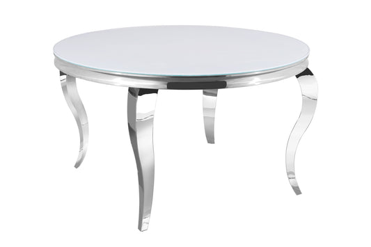 Table repas Baroque – Plateau Ultra blanc et pieds chrome 130x75 cm