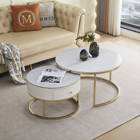 Table Basse Gigogne Novela – Pieds Gold & Plateaux Céramique Effet Marbre Blanc 80+60 cm