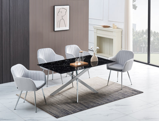 Table rectangulaire New Jessica – Pieds chrome et plateau effet marbre noir 180x90x75 cm