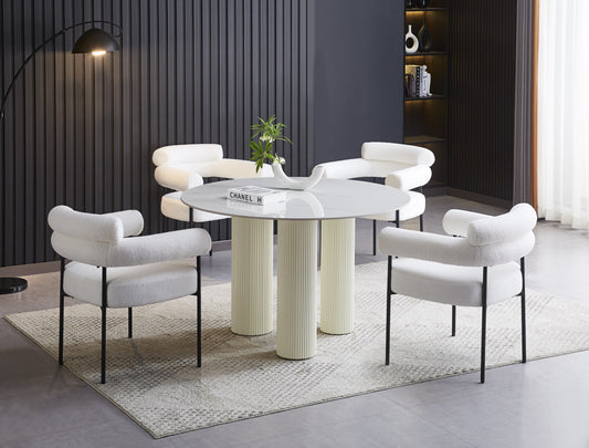 Table de repas Anaïs – Pieds finition beige et plateau céramique effet marbre blanc Ø120 cm