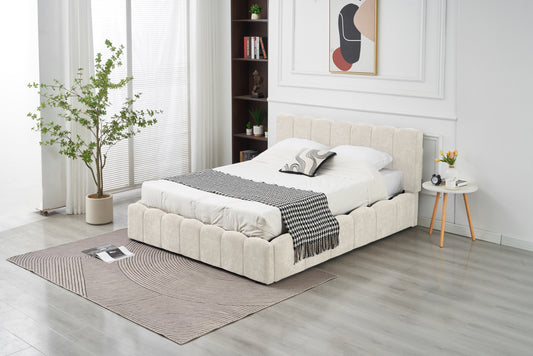 Lit Double Coffre Moon – Tissu Chenille Beige 140x190 cm