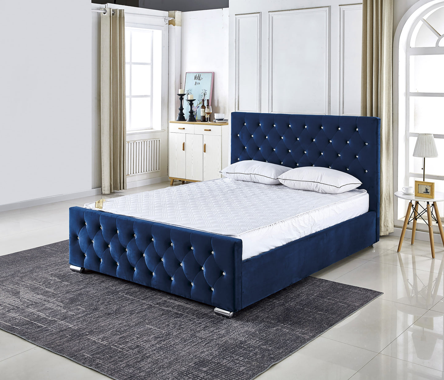 Lit Prestige Capitonné avec Diamants en Velours Bleu 140x190 cm
