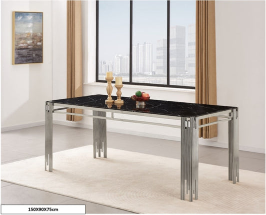 Table à manger Flûte en marbre noir avec pied chromé – 150x90x75 cm