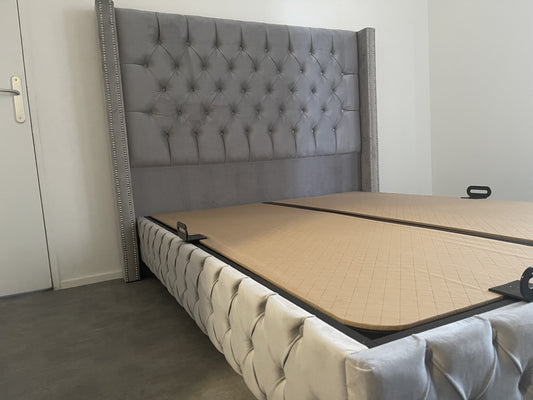 Lit coffre Box clouté en velours gris 160x200 cm – Élégance et rangement pratique