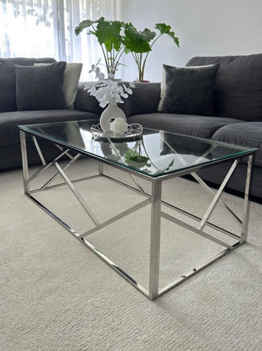 Table Basse Geomag – Pieds Inox & Plateau Transparent 120x60x45 cm