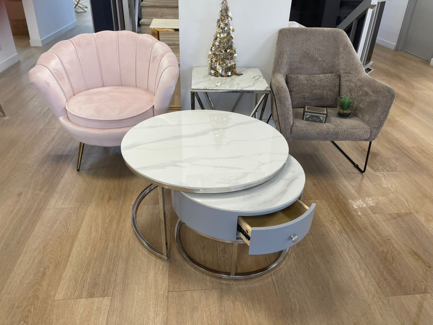 Tables Basses Gigognes Novela avec Tiroir – Marbre Blanc, Pieds Chrome, 80+60 cm