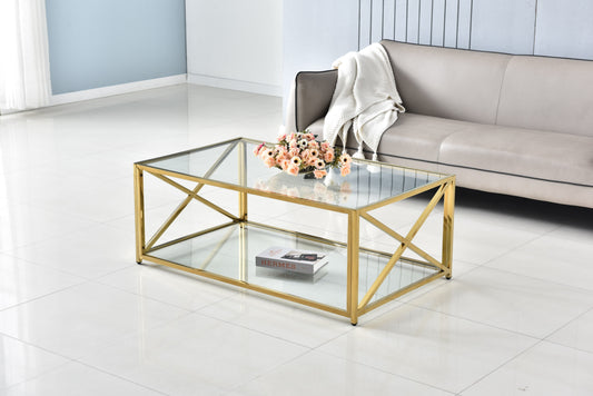 Table Basse Kensy – Pieds Gold & Plateau Transparent 120x70 cm