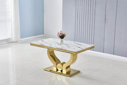 Table à manger Trofy – Pieds gold et plateau effet marbre blanc 150x90x75 cm