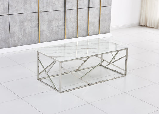Table Basse Geomag – Pieds Inox & Plateau Marbre Blanc 120x60x45 cm