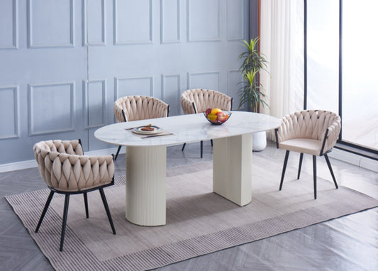 Table à manger Anna – Pieds beige et plateau céramique effet marbre blanc 180x90x75 cm