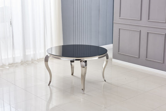 Table repas Baroque – Plateau rond noir et pieds chrome 130x75 cm