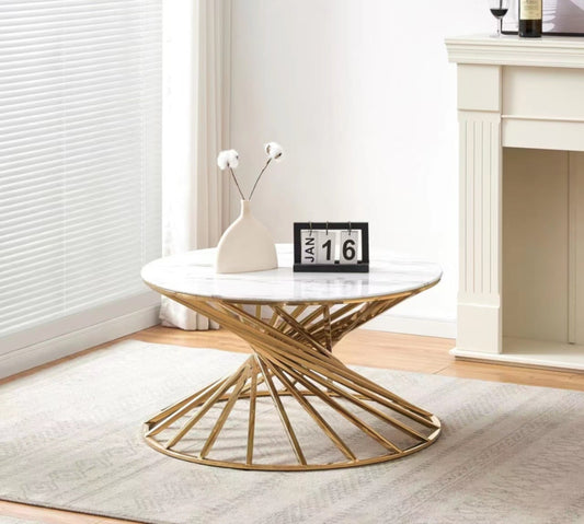 Table Basse Nautilus – Finition Gold & Plateau en Marbre Blanc 80 cm