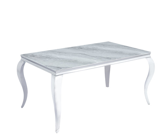 Table repas Baroque – Pieds chrome et plateau effet marbre grège 150x90x75 cm