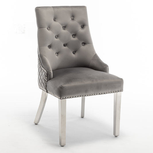 Chaise Anneau Cloutée Matelassée en Velours Anthracite avec Pieds Chromés – Élégance et Confort