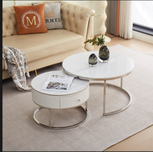 Table Basse Gigogne Novela – Pieds Chrome & Plateaux Céramique Effet Marbre Blanc 80+60 cm