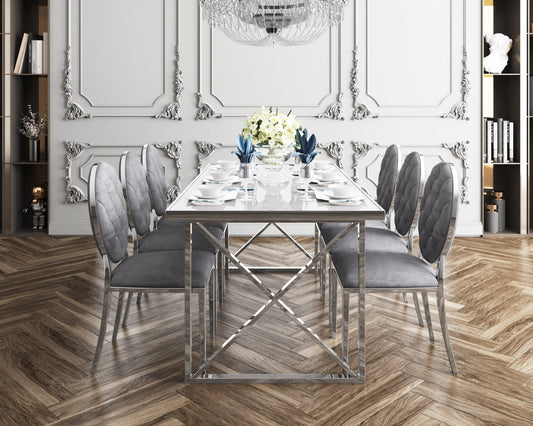 Table repas Levanto – Pieds chrome et plateau en résine blanche 180x90x75 cm