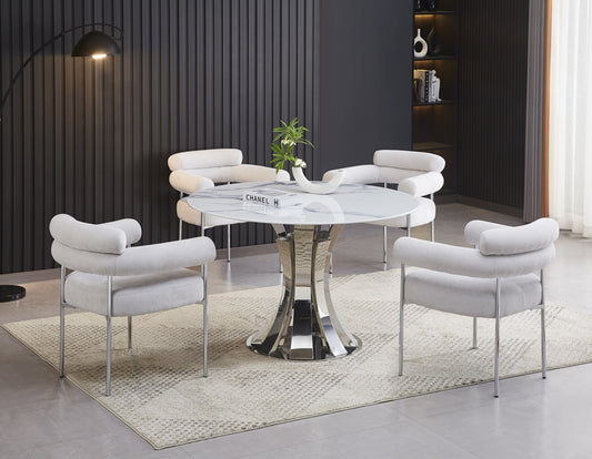 Table à manger ronde Judith – Pieds chrome et plateau céramique effet marbre blanc Ø120 cm