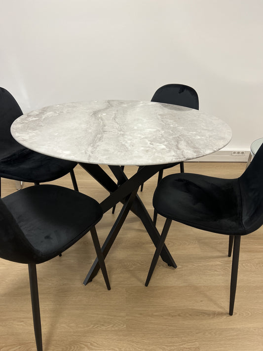 Table repas Jessica – Pieds métal noir et plateau effet marbre grège 100x75 cm