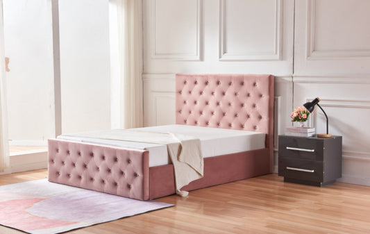 Lit Coffre Victoria Capitonné avec Diamants – Velours Rose – Rangement Intégré
