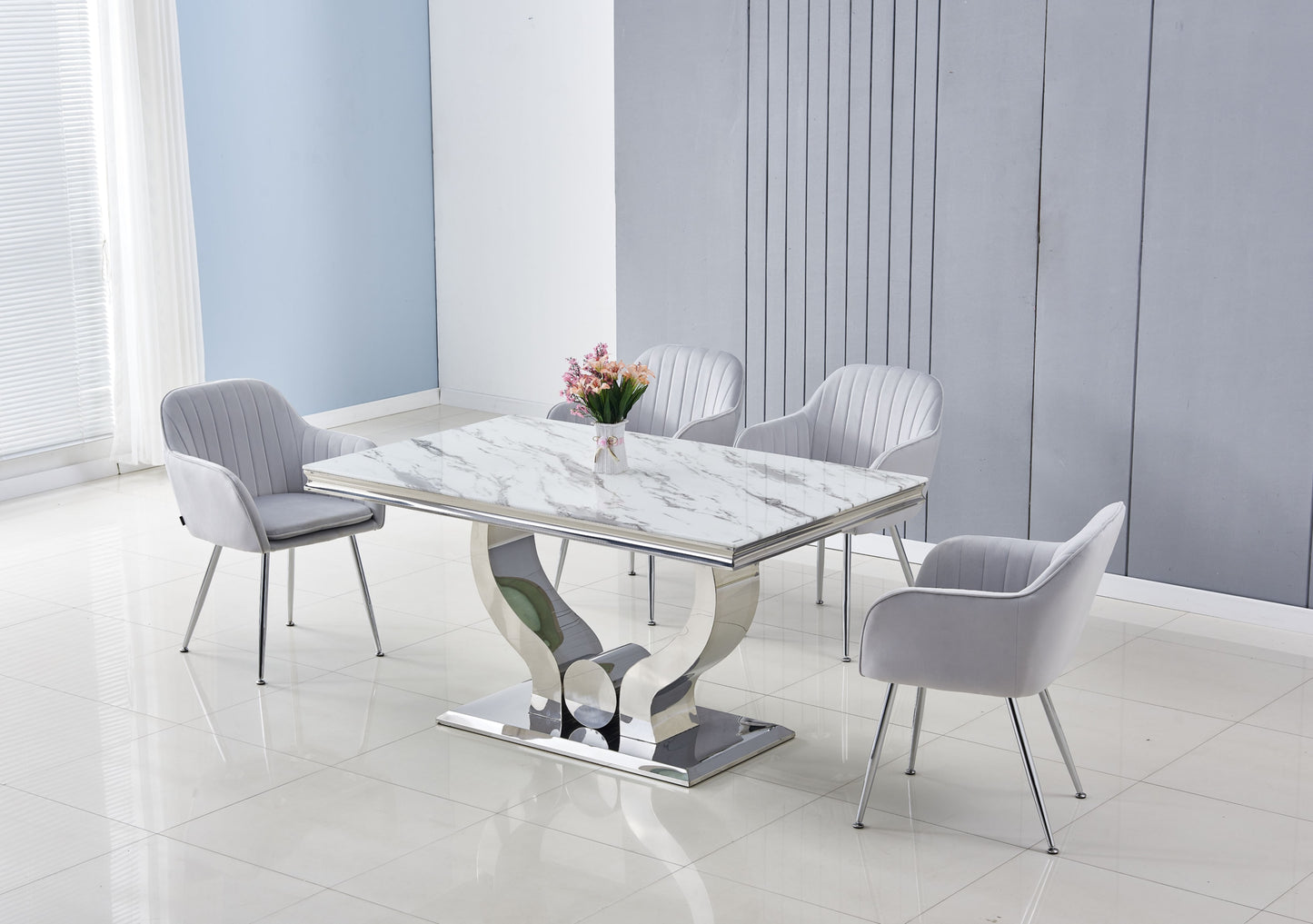 Table repas Trofy – Pieds et plateau effet marbre blanc 150x90x75 cm