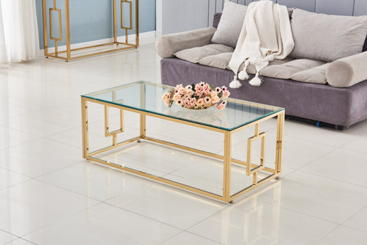 Table Basse Sophie – Métal Gold & Plateau Transparent 120x60x45 cm