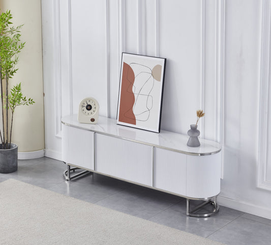 Meuble TV Esmée – Argent avec Plateau en Céramique Effet Marbre Blanc & Gris